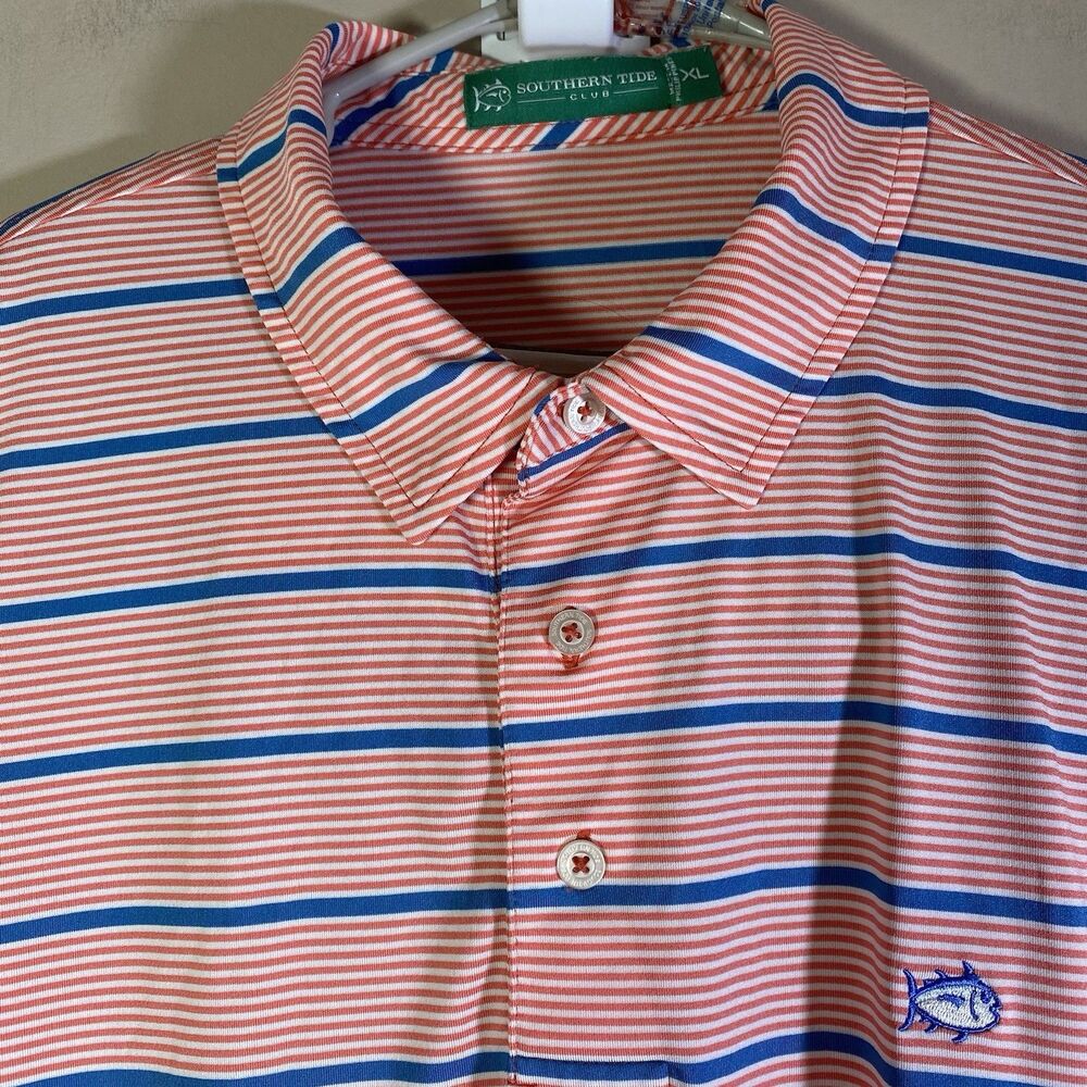 Southern Tide Club Golf Polo Shirt Men XL Orange White Blue Stripe Performance